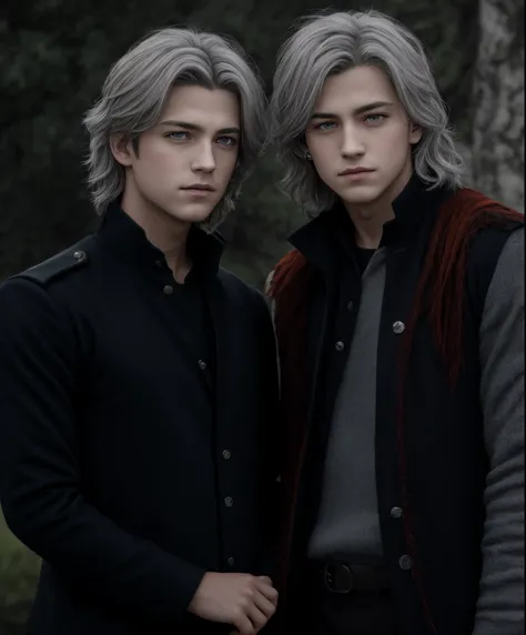 Silver-haired, red-eyed calm prince and silver-haired, orange-eyed gentle prince brothers