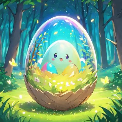 Broken colorful pet egg，There are colorful lights all around，In the background is an egg nest built in a forest meadow.