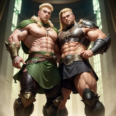 Full body picture, very strong bulky attractive beefy teen warrior, wearing a small dark green tunic, with some armor plates, blond hair with short taper haircut, gentle eyes, very big strong beefy legs, dick pocking under the tunic,