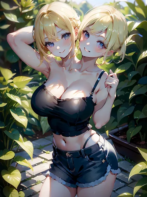 (masterpiece, best quality), best resolution, (2heads:1.5), 1girl, blonde hair, short hair, cheerful, short pants, in a garden, causal wear, different facial expressions, smiling, cute face, black tanktop, up-skirt, lush breasts, voluminous breasts, firm b...