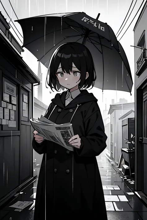 A girl caught stealing a newspaper, dark atmosphere, rain, wet streets, guilty expression, empty alley, dramatic lighting, black and white, film noir style, heavy downpour, cinematic quality, wet pavement, intense emotions, mysterious shadows, foggy atmosp...