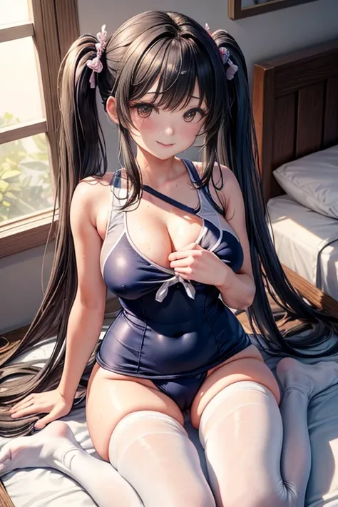 I&#39;m a baby-faced high school student、Its a beautiful girl、((She wears a school swimsuit))、Only my nipples are sticking out of my school swimsuit、((The swimsuit is dark blue))、Slender body、Colossal tits、Anime Big、Swimsuits that emphasize your body line、...