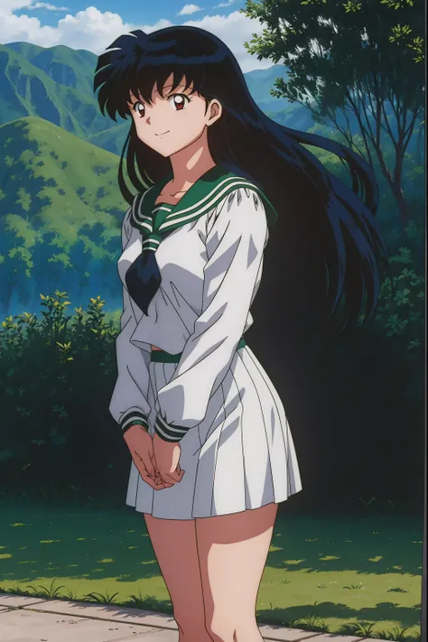 1girl, best quality, 巨作, hd, kagome higurashi, 1girl, school uniforms, black hair between the eyes, long  hair, standing, full b...