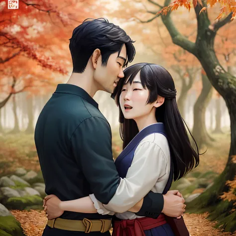 1.Asian-faced 30-year-old male and 29-year-old Asian-faced female 2.Autumn background，The golden woods of the Northeast，There are many leaves falling and flying 3.Man and woman hugging tightly 4.Woman opens her mouth and cries loudly 5.The painting style i...