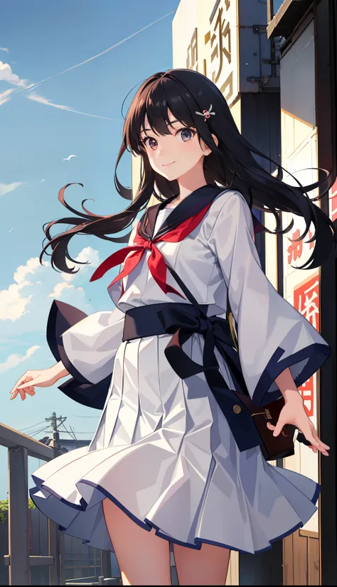 1girl in、AS-Adult、A smile、Light in the eyes、japanese hight school uniform、serafuku、by the wind、skirt by the、gust of wind、（small tits）Chilarism、movement、Upper body portrait、