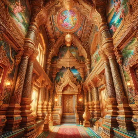 a close up of a very ornate looking room with a big ceiling, thailand art, thai temple, dmt temple, a mystical temple, exquisitely designed throne room, thai architecture, inside a palace, colorful intricate masterpiece, intricate colorful masterpiece, the...