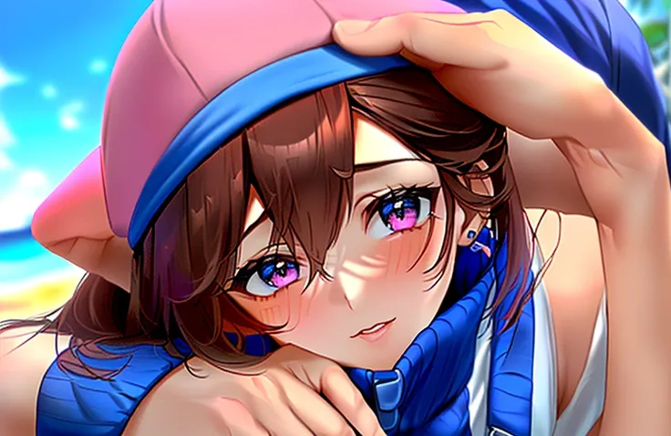 A woman with straight brown hair with a pink band in her hair having sex with a guy in a blue cap with a white part