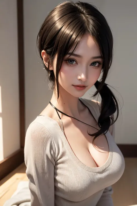 extremely detailed eye, extra detailed face, Best Quality ,masutepiece, Extremely detailed, Ultra-detailed, (Realistic, Photorealsitic:1.3), (Smile:1.1), (facing front), Looking at Viewer, Neck Halter Sweater, 1girl in , slim figure、Skinny face、big breasts...