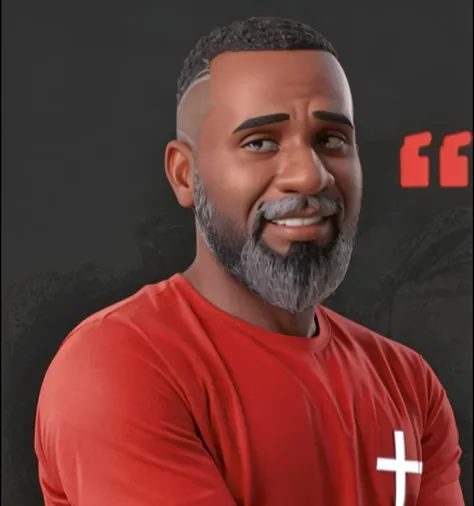 Create a funny caricature of a black man, hair and beard with a few white hairs, short hair, red t-shirt.
with an animated theme for children