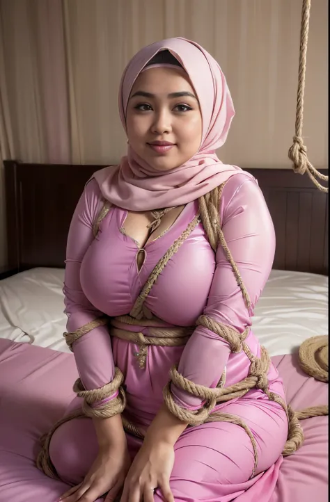 (64k, RAW photo, masterpiecel1.4, realistic, photo-realistic, HD quality, best quality, 1 beautiful malay girl, ((dark studio background)), ((laying down on a bed)), ((hands are tied behind back)), photo of a women girl with pink hijab, (lighting), ((big-b...