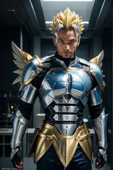 Futuristic technological male knight, angel wings, wide and huge wings, blue-silver metallic armor, vegeta, advanced complicated armor, yellow-gold metallic hair, super saiyan, photo, cinematic, excited, looking straight at the camera, With disdainful smil...