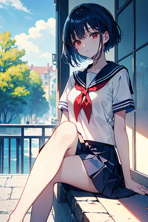 lineart, masterpiece, +++, top quality, soft light, anime screencap, 1girl, sailor uniform, micro pleated skirt, bare legs, short blue hair, red eyes, hair between eyes, bangs, locks, beautiful face, perfect chin, sitting, from below, scenary, park, blurry...