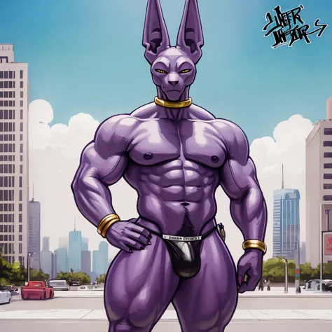 Beerus, Dragon Ball (TV show), purple cat-like humanoid, anthro, skinny, muscular, abs, (detailed:1.5), male, thong, happy trail, pecs, by SligarTheTiger