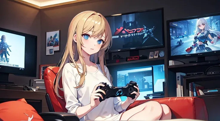 (masterpiece), best quality, expressive eyes, perfect face, girl playing video games, game controller, a room full of gaming posters