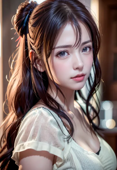 8K, of the highest quality, masutepiece:1.2), (Realistic, Photorealsitic:1.37), of the highest quality, masutepiece, Beautiful young woman, Pensive expression, Gentle eyes, Cute Nightgown、full of shyness、Hair tied back, Messy mood, Cinematic background, L...
