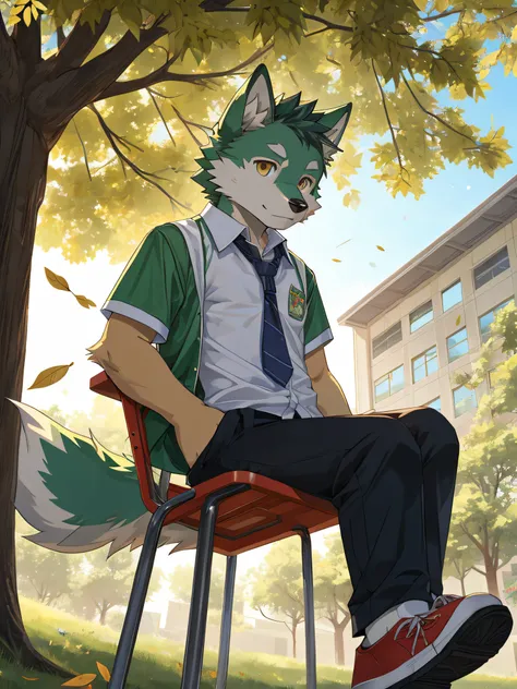 furry,bara,Shota,wolf,masculine,light green fur,Light Green,Wear a school shirt..,black pants,wear school shoes,Sitting on a long chair under a tree,There were a few leaves that didn&#39;t fly away..,Behind is a school building..,Age not more than 16 years...