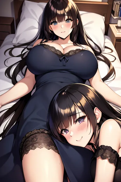 best quality, tmasterpiece,2girls sex,1boy,huge breasts，blush, black long hair, blue dress with white lace, bitch_virgin,in the ...