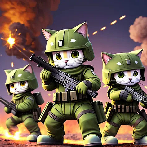 team of cute cat soldiers, in squad position. explosions and sparks in the environment. --auto --s2