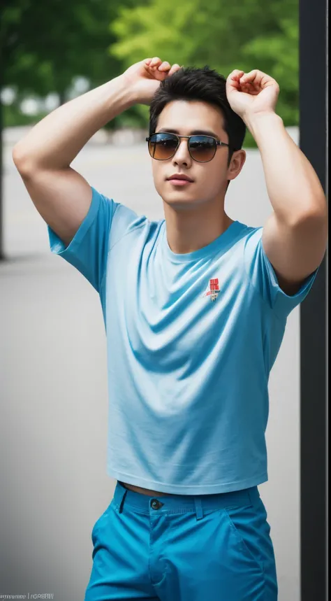 Firefighter in his 20s，With short black hair， ((Light blue short sleeves)), ((white short pants)), ((blue stylish sunglasses)), hight resolution, tmasterpiece, best qualtiy, Head:1.3,((Hasselblad Photograp)), Fine fine skin, Clear focus, (Cinematic lightin...