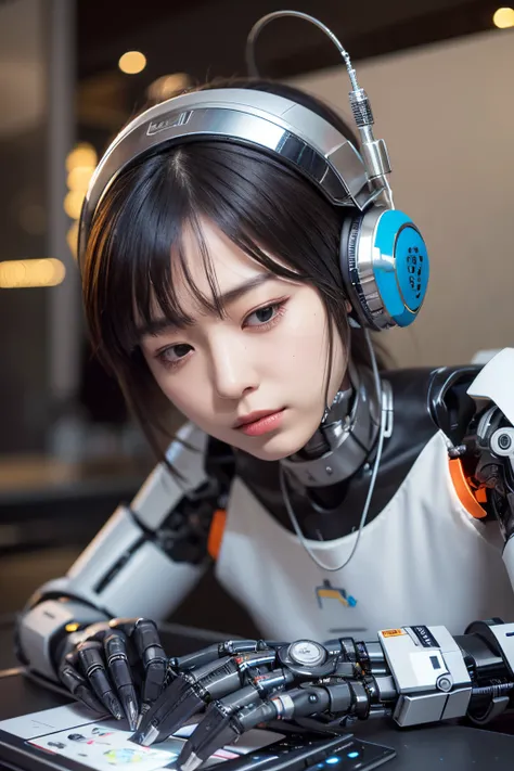 masterpiece, best quality, extremely detailed, (photorealistic:1.4), (RAW photo) (RAW photo) (8K, 4K, Best Quality, hight resolution, 超A high resolution:1.1), (masutepiece, Realistic, Photorealsitic:1.1), 1girl in, Japaese Cyborg Girl,Plump , announcer,con...