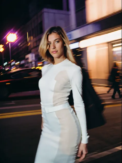 a woman through motion, wearing saint lauren, busy street, fashion model, paparazzi, (full body: 1.3), (luxury advertising photography: 1.2), motion blur, (graflex speed graphic: 1.4), lens flare, brushwork exploration, kodak ektachrome, flash light, spont...