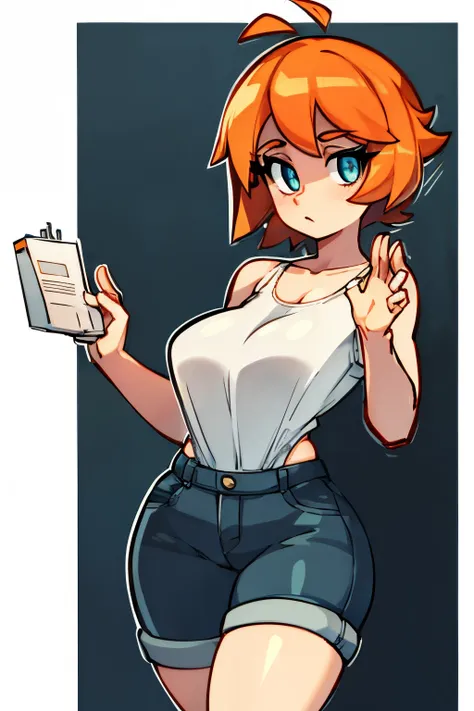 best quality, masterpiece, solo, 1girl,  looking at viewer, outline, curvy, short hair, orange hair,