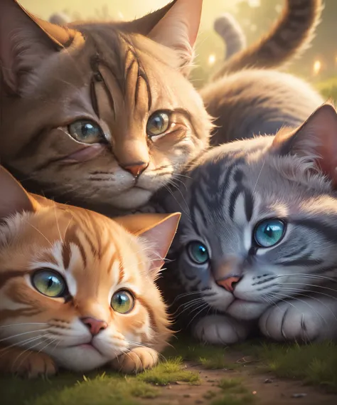 (best quality, 4k, 8k, high resolution, masterpiece: 1.2), ultra detailed, (realistic, photorealistic, photorealistic: 1.37), team of cute cat soldiers in squad position, explosions, sparks, vibrant colors, cartoon , dynamic lighting, illustration style