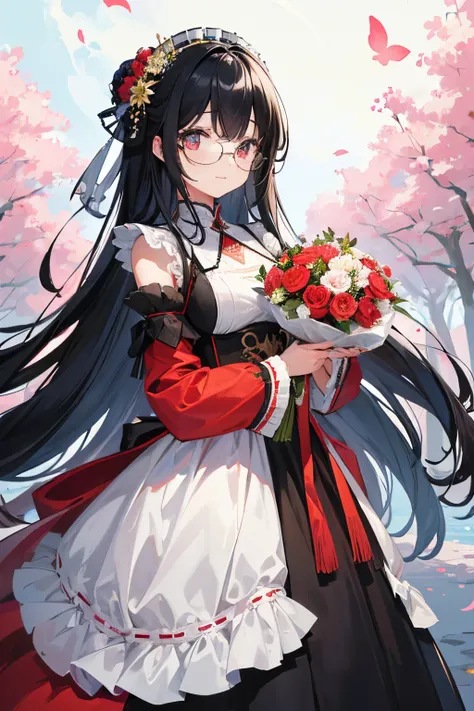 (tmasterpiece、top-quality、illustratio、Extremely high quality、high-level image quality、Extremely sensitive writing)Long-haired girl with black hair standing in beautiful flowery garden、A slight smile、She has a large bouquet、Cute national costume style dress...