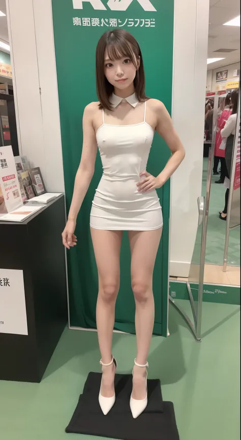 of the highest quality, Idol with slender body, front facing, Well-proportioned body, Exhibited, Event Hall, Moe Pose, Black Maid Dress, Standing with legs open, Hands on hips, Model body type