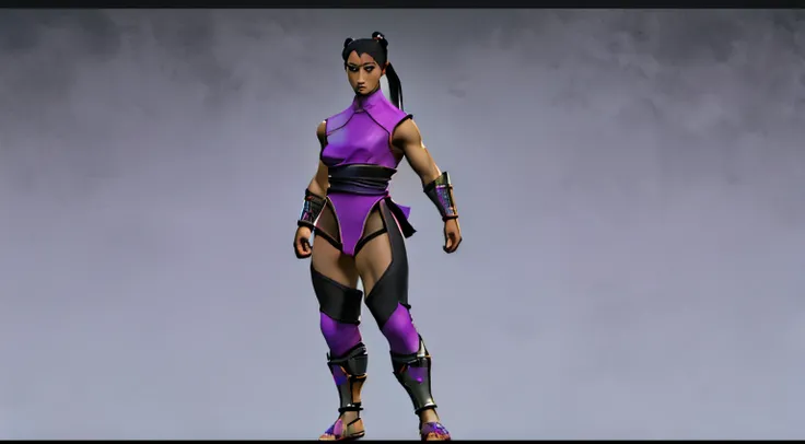 Sexy asian kung fu fighter girl in the style of mortal.kombat 11. Wearing a ponytail. Black and purple colors. Dragon motiff.bwho full body. Show front and back. Show details.