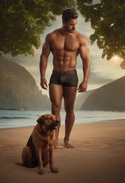 Stunning man, big , nsfw, bare , erect  , standing pose, petting a dog