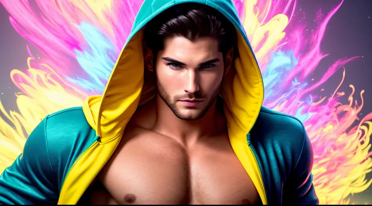 Maximum Extreme Hyper realistic, Maximum hyper detailed, Hyper-sharp maximum,Maximum extreme close-up,  ,  hooded cinematic video Nick Bateman dancing. Use bright colors and radiant lighting ,dirigindo um camaro amarelo em alta velocidade, Use bright color...