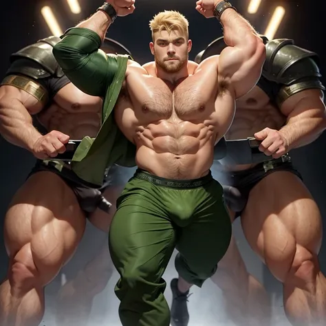 Full body picture, very strong bulky attractive beefy teen warrior, wearing a small dark green tunic, with some armor plates, blond hair with short taper haircut, gentle eyes, very big strong beefy legs, with a big bulge, very hairy armpits, doing bodybuil...