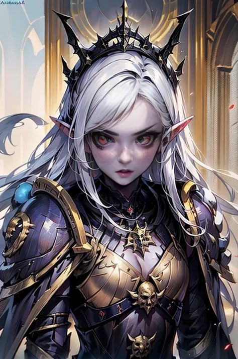 warhummer 40000, adepta sororitas, girl, 1 person, beautiful face, a beautiful face, the perfect face, sister battle, bolter, warhummer 40000 style, fair complexion, black elf woman around 19 years old, natural white hair, distinctive red ruby eyes,