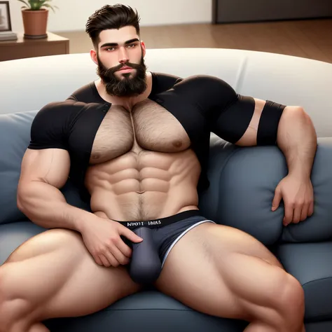 (warm high) a tall, muscular boy with dark hair and a beard sitting on a sofa with his legs spread to the sides and his arms extended on the couch with tight boxers making his penis stand out on the