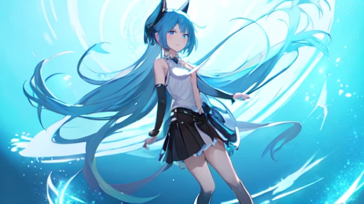 Black skirt,Light blue tie,Full body,Twin-tailed,lightblue hair,length hair,(Bright background)