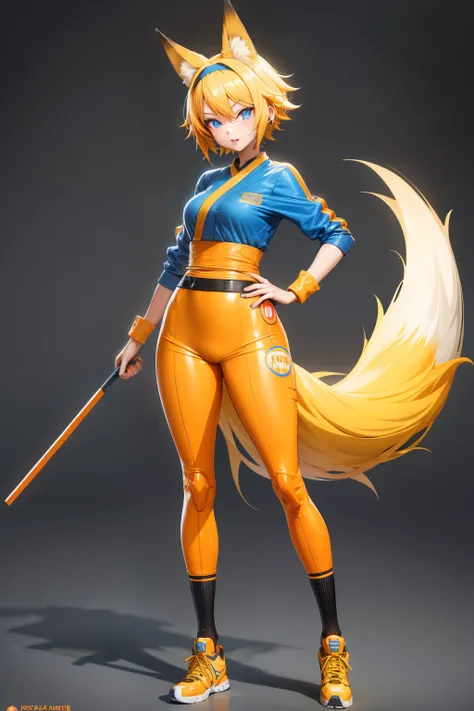 Cute girl, short yellow hair, headband, blue eyes, orange clothes,Ramen, fox, ninja, adult girl, full body, sexy body,