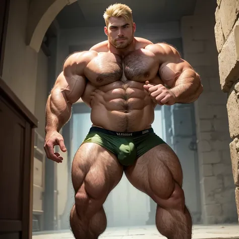 Full body picture, very strong bulky attractive beefy teen warrior, wearing a small dark green tunic, with some armor plates, blond hair with short taper haircut, gentle eyes, very big strong beefy legs, with a big bulge, very hairy armpits, very hairy bod...