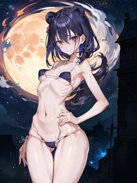 perfect hand,perfect anatomy,big moon night,masutepiece,Best Quality,Ultra-detailed,High resolution,Unity 8k壁纸,super detailed skin,Cinematic lighting,Beautiful detailed eyes,(Ideal ratio body proportions,small breasts:1.5), underboob, (Small bikini:1.4),((...