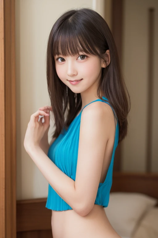 masutepiece, Best Quality, One girl, (Beautiful Girl:1.3), (12 years old:1.2), Very fine eye definition, (Symmetrical eyes:1.3), NSFW, (Put out naked, Cute sleeveless:1.3), Beautiful breasts, Brown eyes, Parted bangs, Brown hair, Upper teeth,Bedrooms,A smi...