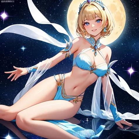 //Character 1girl, moon princess, perfect body, slim curve, ultra detailed face, super beautiful, innocent, cute girl, thin eyeblow, round face, glossy face, blushed cheek, big sparkly pupils, smiling full of compassion, half opened mouth, kissing face, be...