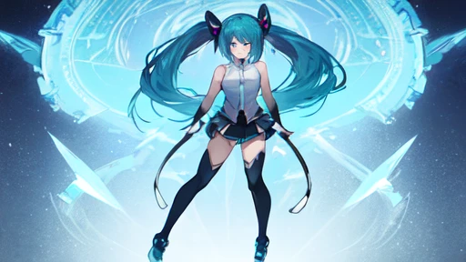 Black skirt,Light blue tie,Full body,Twin-tailed,lightblue hair,length hair,(Background aqua)