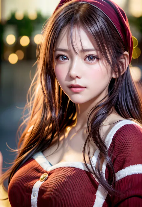 8K, of the highest quality, masutepiece:1.2), (Realistic, Photorealsitic:1.37), of the highest quality, masutepiece, Beautiful young woman, Pensive expression,、A charming、and an inviting look, cute santa clothes, Hair tied back, Cinematic background, Light...