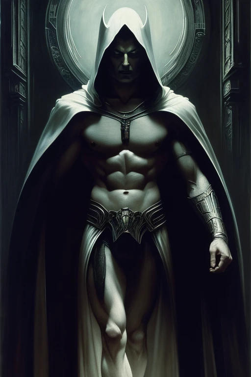 full body, oil Painting, a portrait (( male Vampire)), ((pale white skin, Vanta black cape)) looming castle background, chest, abs, ((erected penis)) chiaroscuro mood, oil painting, classic era, elegant pose, bouguereau paintings art style, perfect light, ...