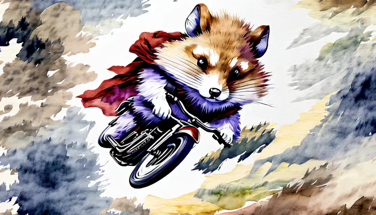 Stunning watercolor illustration of a brave hamster riding on the head of a majestic wolf, embark on an epic adventure. 1 Capturing the decisiveness and speed of a hamster with dynamic brush strokes, Realistic rendering of wolf fur and hamster armor for an...