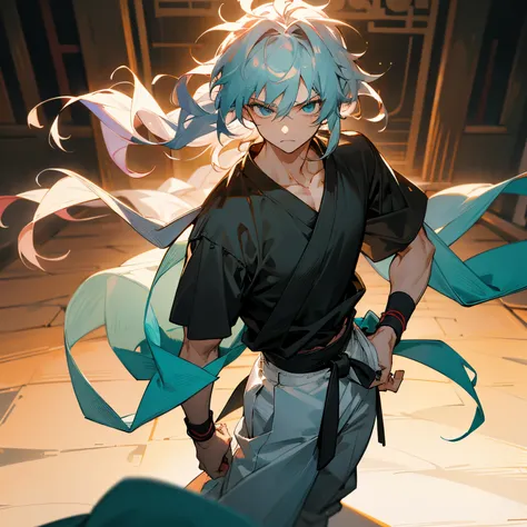 1male , black shortsleeve T-shirt , White Baggy Karate Pants , Black martial arts belt , wristbands , Long Length Hair , Light Teal Hair , Messy Spiky Wavy Hair , Backnot in hair , Somewhat Muscular Build , Perfect Generation , Standing in temple , looking...