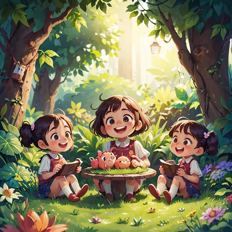 3 happy, smiling and curious children sitting in a garden