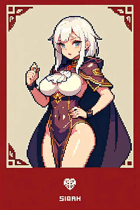 (tmasterpiece, top-quality, Best quality), pix,pixelart,1 busty girl,Full body lesbian, White hair ,Brown leather clothing,redcloak,Vampires,