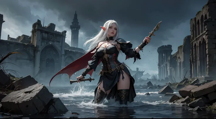 She&#39;s a mahou Shoujo in a swamp. Vermelho Wet Alizarina Hair. White Skin. Fairy (elf). She&#39;s with chain mail. She&#39;s a big butt. (Dark Fantasy)
In the background there is an army of undead that are shadows, no features. The city is flooded. It&#...