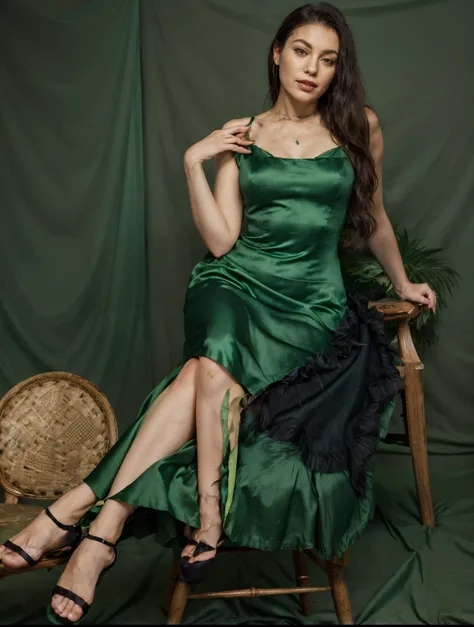 araffe woman in a green dress sitting on a chair, beautiful silky dress, satin, dark green, dark green dress, green dress, she wears a dark green dress, wearing an elegant dress, full body green dress, silk dress, elegant dress, beautiful soft silky dress,...